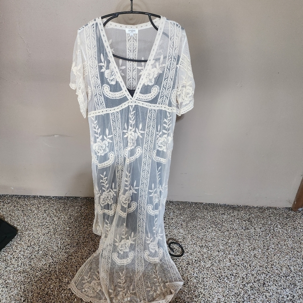 Umgee‎ Sheer Laced Lined Maxi Short Sleeve Sz. L Dress